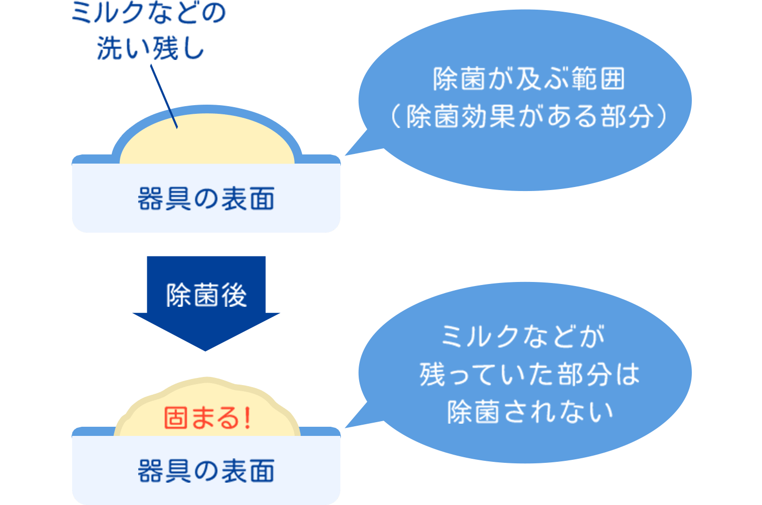 除菌が及ぶ範囲（除菌効果がある部分）ミルクなどが 残っていた部分は除菌されない