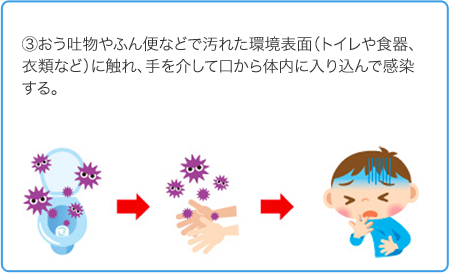 嘔吐物や糞便などで汚れた環境表面に触れ、手を介して口から体内に入り込んで感染する