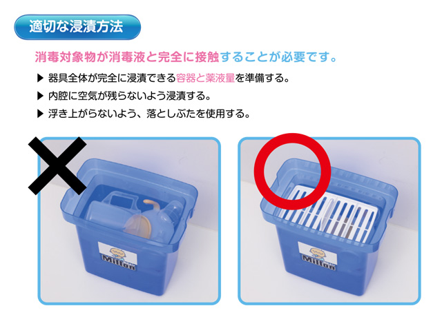 適切な浸漬方法　消毒対象物が消毒液と完全に接触することが必要です。◇ 器具全体が完全に浸漬できる容器と薬液量を準備する。◇内腔に空気が残らないよう浸漬する。　◇浮き上がらないよう、落としぶたを使用する。